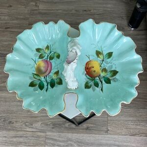 Vintage Porcelain Gold Laced Divided Dish with Handle 12 Inches Long